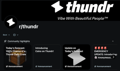Thundr's Reddit page advertising daily crates, coins, and today's forecast