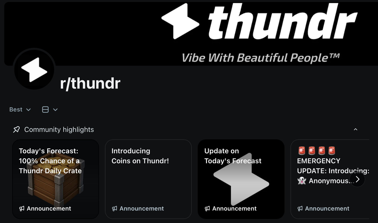 Thundr's Reddit page advertising daily crates, coins, and today's forecast